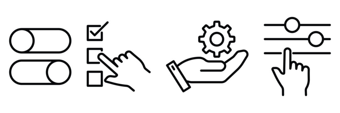 Control preference customization interface toggle configuration access adjustment options selection interaction setup management system usability hand icon vector illustration.