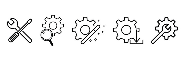 Setting optimization tools configuration system update support repair diagnostic performance analysis maintenance enhancement adjustment gear vector illustration.
