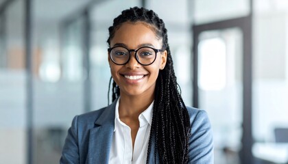 Happy young african business woman smiling brightly in stylish business casual attire with glasses and braids