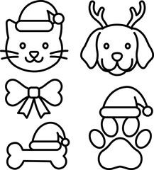 Cute Christmas Pet Icons – Cat, Dog, Paw, Bone Vector.