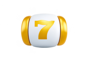 White and gold slot machine reel displays number seven, symbolizing luck and winning. design is sleek and modern, with focus on vibrant gold accents