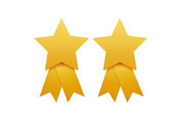 Obraz premium Two golden star shaped award ribbons are displayed side by side, symbolizing achievement and excellence. stars have shiny appearance, with ribbon tails extending below, conveying sense of honor
