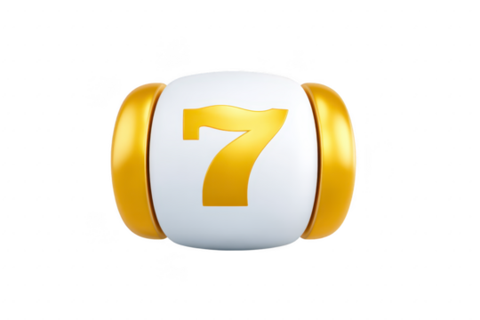 White and gold slot machine reel displays number seven, symbolizing luck and winning. design is sleek and modern, with focus on vibrant gold accents