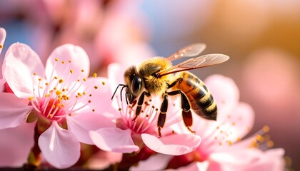Honeybee pollinating pink blossoms.