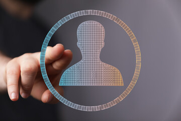 Hand interacting with a digital profile, representing secure online identity and access management.