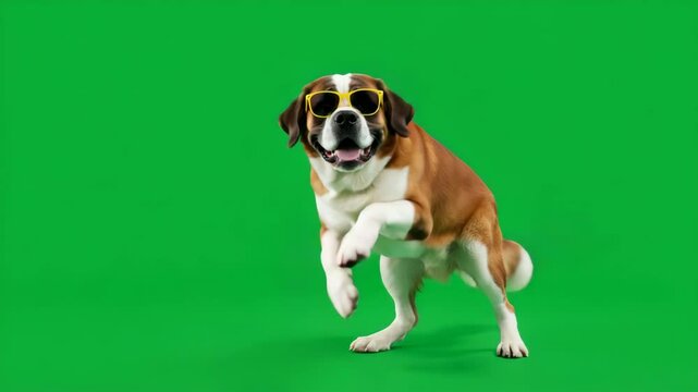 Playful St. Bernard Dog in Sunglasses on Green Screen - A happy St. Bernard dog wearing yellow sunglasses playfully poses on a bright green screen. The dog is in motion, its paws lifted slightly.