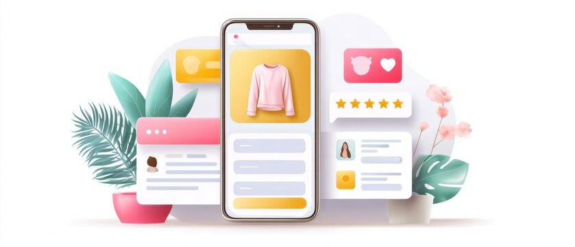 A digital illustration of a smartphone showcasing a clothing app interface, surrounded by decorative plants and colorful UI elements.