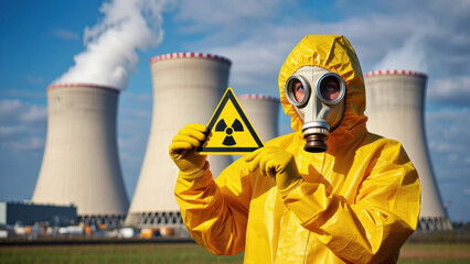 Person in yellow protective suit and gas mask holding radioactive warning sign in front of nuclear power plant