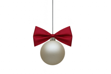 Festive Christmas ornament with red bow hangs elegantly, showcasing classic holiday decoration. ornament shiny surface reflects light, adding touch of sparkle to festive atmosphere
