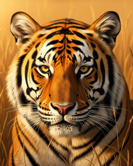Fototapeta premium Stunning close up image of a majestic tiger staring intensely while surrounded by tall golden grass during warm daylight.