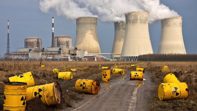 Nuclear power plant with radioactive waste barrels, environmental pollution, industrial safety, radioactive contamination, nuclear energy