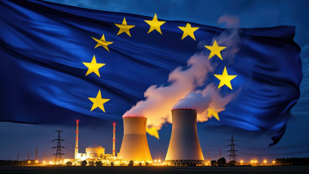 European Union flag over nuclear power plant, energy policy, nuclear energy integration, geopolitical energy strategy - Powered by Adobe