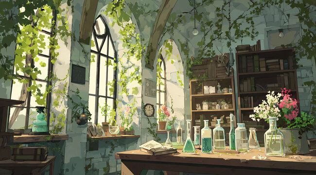 An old laboratory with numerous glass vials and bottles, green vines climbing the walls, large windows, wooden shelves filled with books and flowers