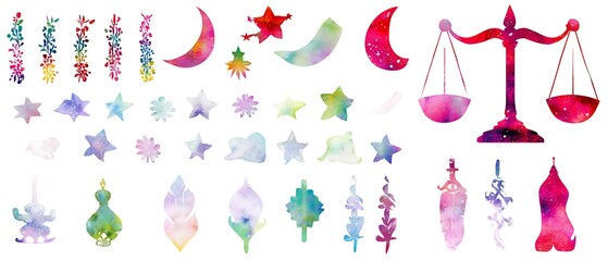 Watercolor celestial and floral elements