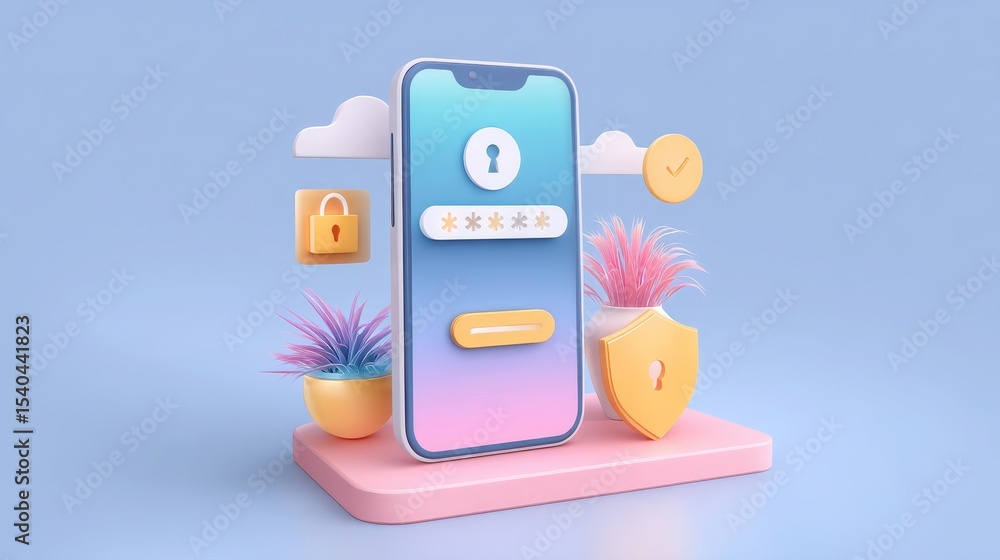 Aufkleber 3d illustration of a smartphone displaying a security login interface, surrounded by decorative elem
