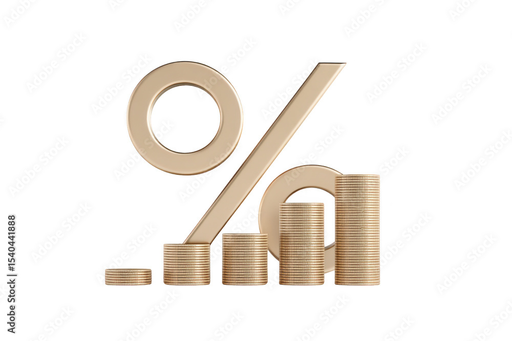 Poster stack of gold coins arranged in ascending order forms bar graph, with large percentage symbol in bac