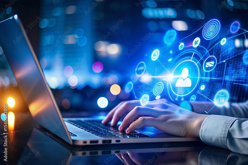 Poster person using laptop with digital interface showing data and network connections