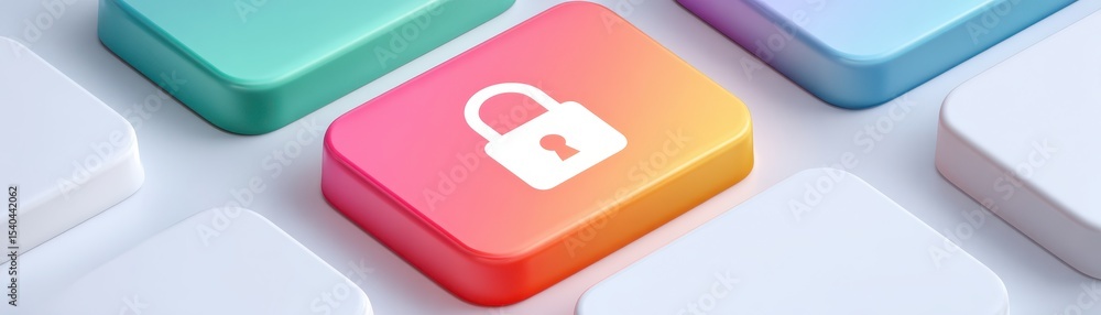 Poster colorful keyboard keys featuring a lock icon, symbolizing security and privacy in digital spaces, wi