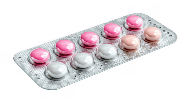 Contraceptive pill blister pack displaying pink and white medicine capsules lying on a transparent background, representing birth control, healthcare, and family planning