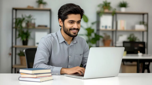 Smiling indian business man working on laptop. Young indian student or remote teacher using computer remote studying, virtual training, watching online education webinar.