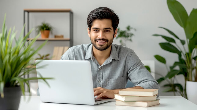 Smiling indian business man working on laptop. Young indian student or remote teacher using computer remote studying, virtual training, watching online education webinar.