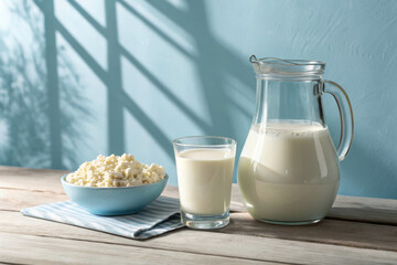 Fresh milk and cottage cheese on wooden table