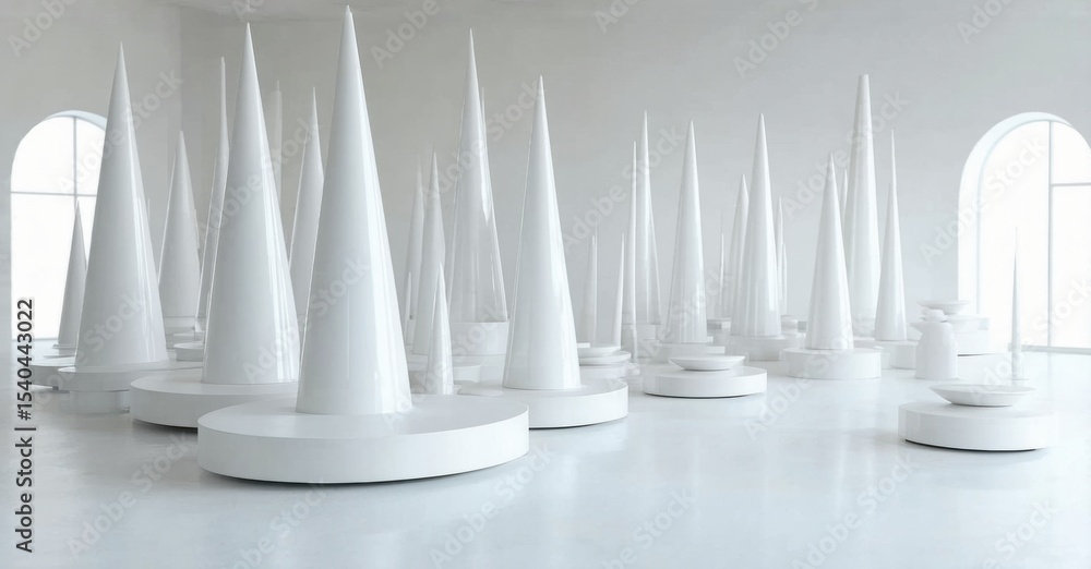 Poster Minimalist installation. White cones rest upon circular platforms. Bright room features arched windows, creating serene space.
