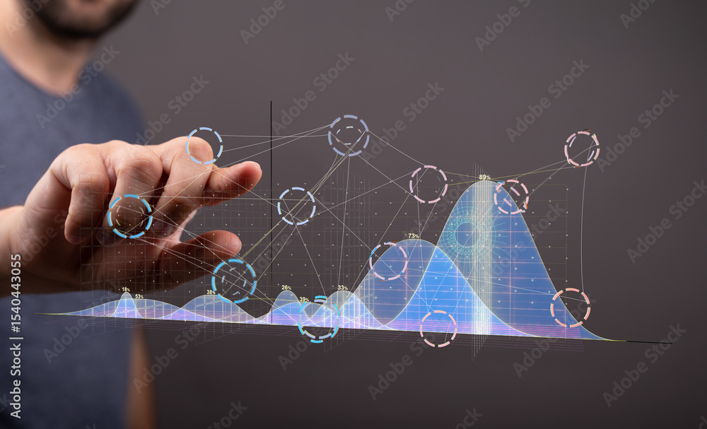 Poster a person's hand interacts with a holographic graph, showing data analysis and visualization.