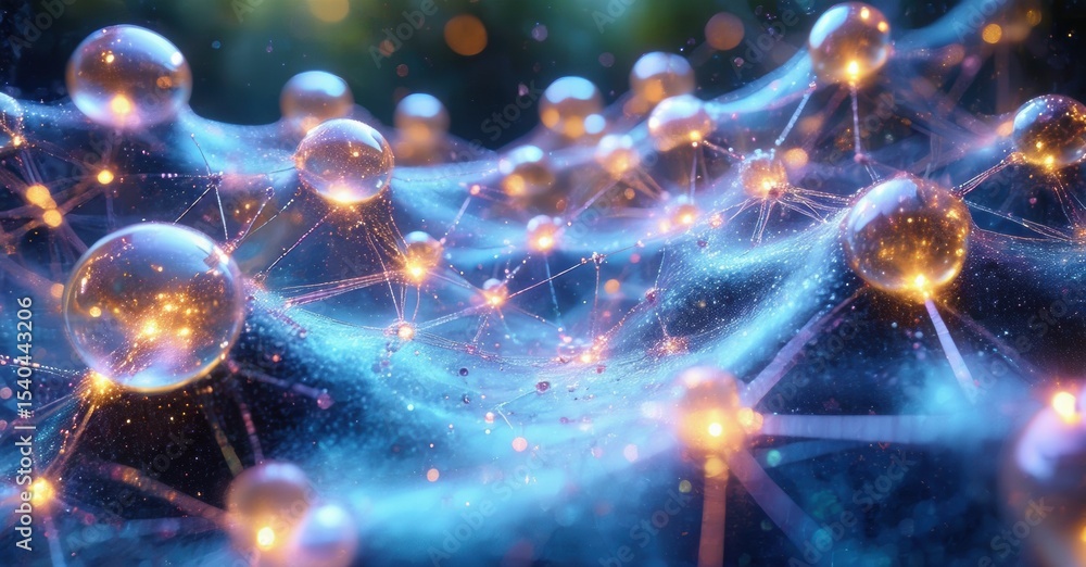 Poster abstract network, glowing spheres, complex connections. futuristic visualization, science concept, d