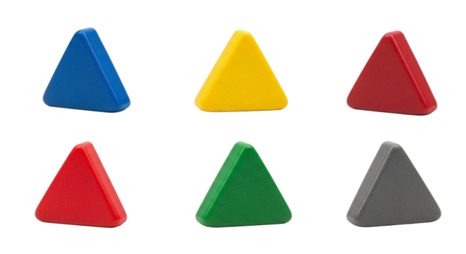 Colorful triangle blocks educational toys for kids learning geometry shapes and color recognition development on transparent background