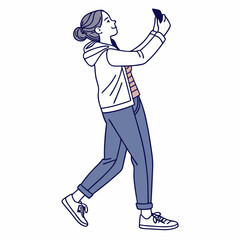 Young woman taking selfie smartphone casual outfit walking