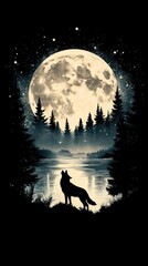 Wolf Howling at the Moon by Lake Under Starry Night