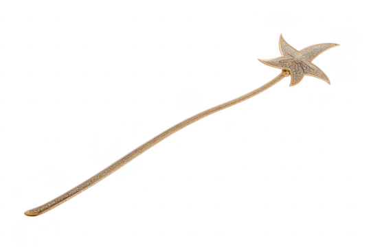 Golden star shaped magic wand with intricate details and long handle, perfect for adding touch of enchantment to any costume or magical performance