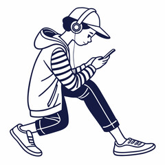 Young person listening music smartphone headphones sitting