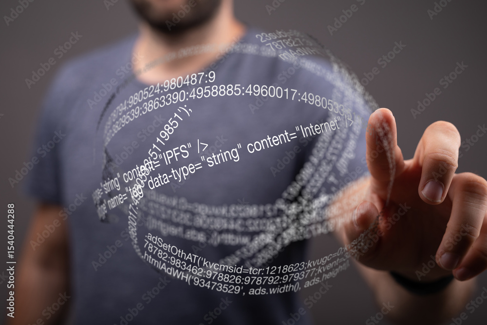 Aufkleber A person interacts with a digital sphere displaying internet code, representing data and technology.