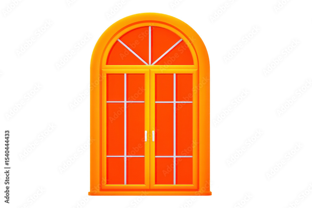 Poster vibrant orange arched window with classic design, featuring white grid lines and handles, evokes sen