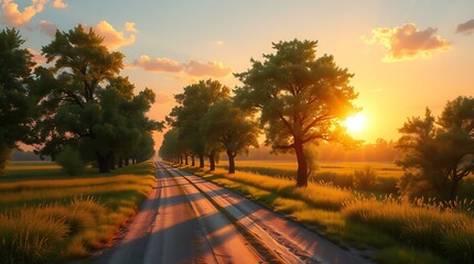 Obraz premium A tree-lined dirt road during a golden summer evening