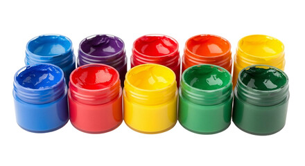 Colorful paint pots collection for art projects and creative hobbies painting supplies for artists and students on transparent background