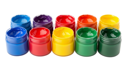 Colorful paint pots collection for art projects and creative hobbies painting supplies for artists and students on transparent background