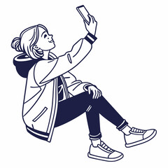 Young woman taking selfie sitting casually smartphone happy