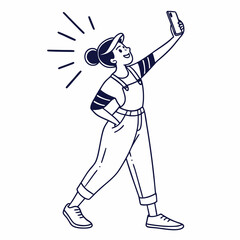 Happy young woman taking selfie with smartphone stylish outfit