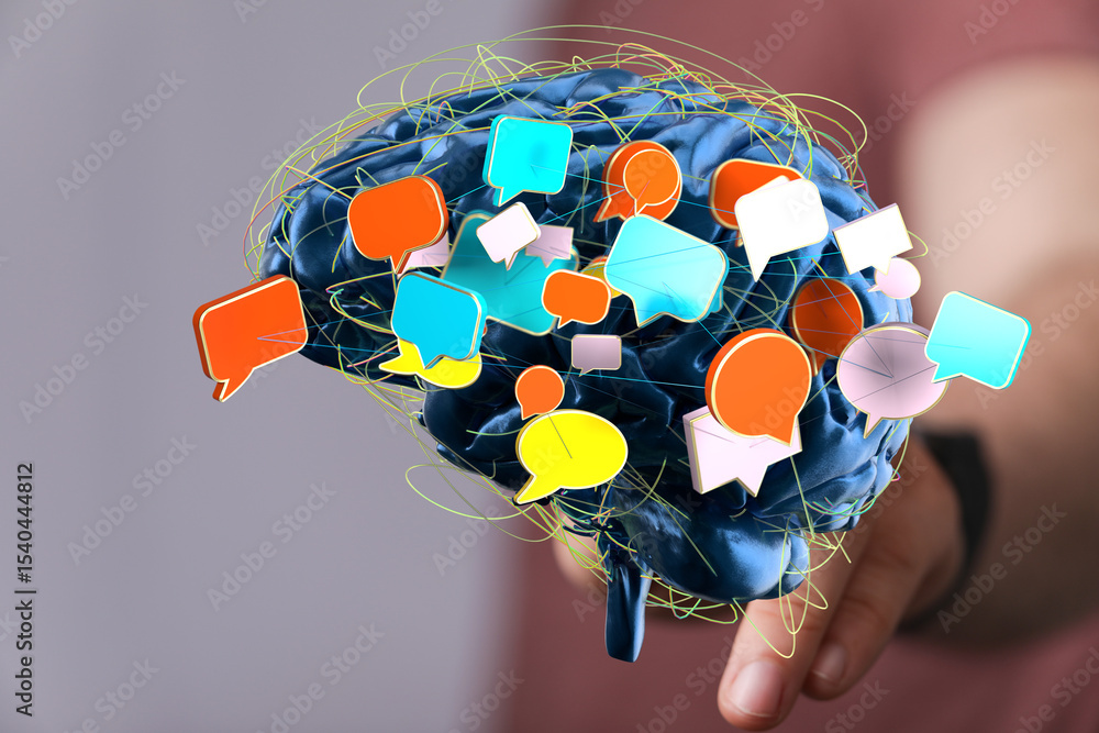 Poster conceptual image of a brain with colorful speech bubbles, representing communication, ideas, and tho