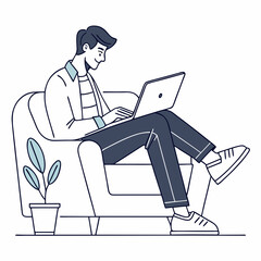 Young man working on laptop from comfy armchair home office