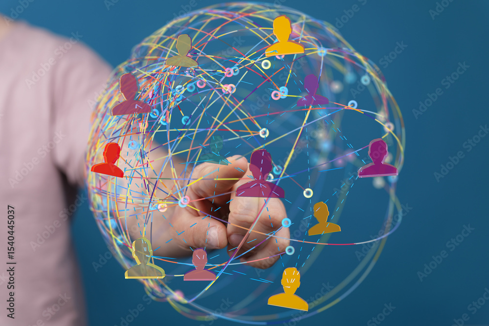 Poster Abstract image of a hand interacting with a digital network, representing global connections and communication.