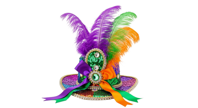 Mardi gras hat costume party accessory with feathers sequins and ribbons for celebration and fun event on transparent background