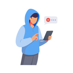 Person in hoodie using smartphone with error message on transparent background