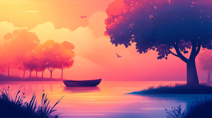Landscape of a boat on a lake in the forest at sunset