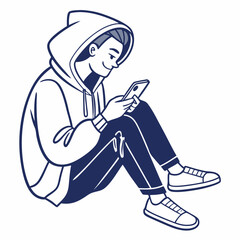 Young man sitting floor hooded sweatshirt using smartphone