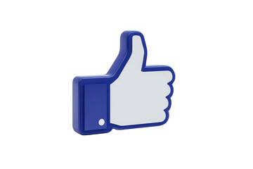 3D rendering of blue and white thumbs up icon, symbolizing approval or liking, is depicted against plain background. design is simple and modern, often associated with social media interactions