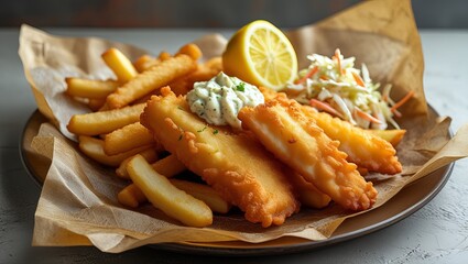 Golden Fried Fish Filets French Fries Tartar Sauce Coleslaw Lemon